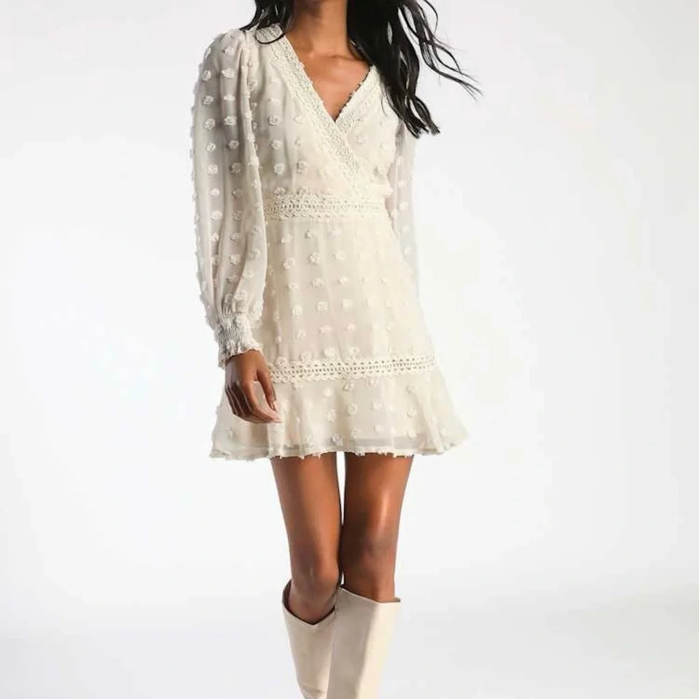 Lulus Might Be Magic Ivory Clip Dot Lace Long Sleeve Ruffle Mini Dress Small NWT - Picture 2 of 12